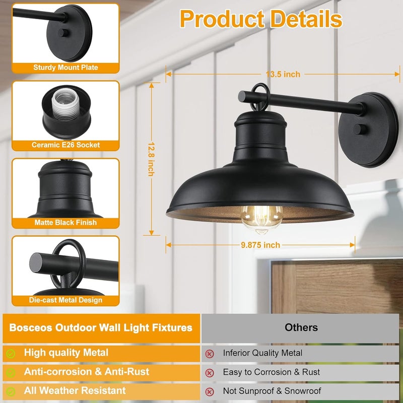 Bosceos 2-Pack Outdoor Wall Lights, Vintage Black Wall Sconces, Exterior Farmhouse Barn Light Fixtures, Indoor Wall Mount Lighting Fixtures, Anti-Rust Waterproof Exterior Light for Patio Porch Doorway Garage - Image 5